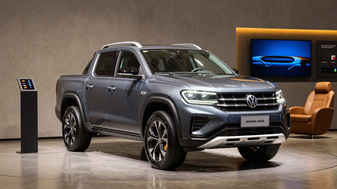 Picape Volkswagen Amarok 2026 cinza exibida em ambiente interno com poltrona marrom ao fundo.