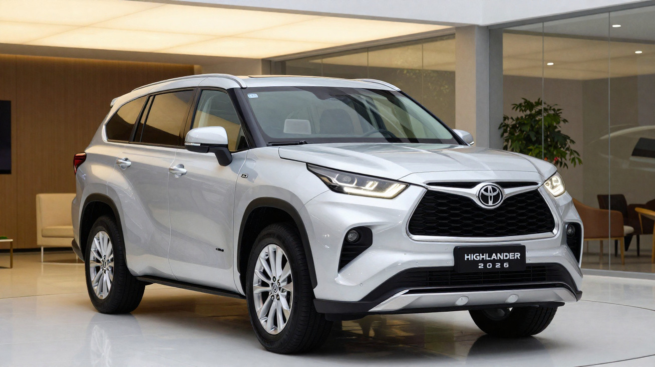 SUV Toyota Highlander 2026 prata estacionado em ambiente interno moderno e iluminado.