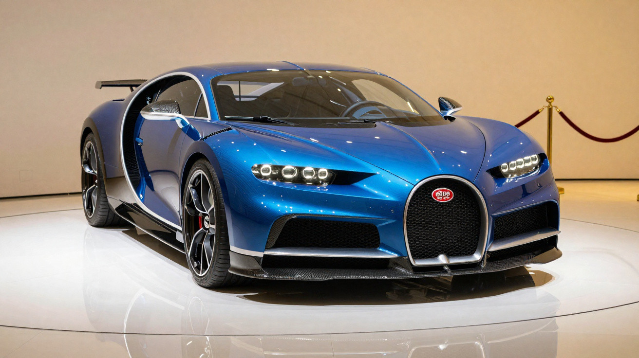 Carro esportivo azul Bugatti exibido em plataforma circular dentro de salão com iluminação branca.