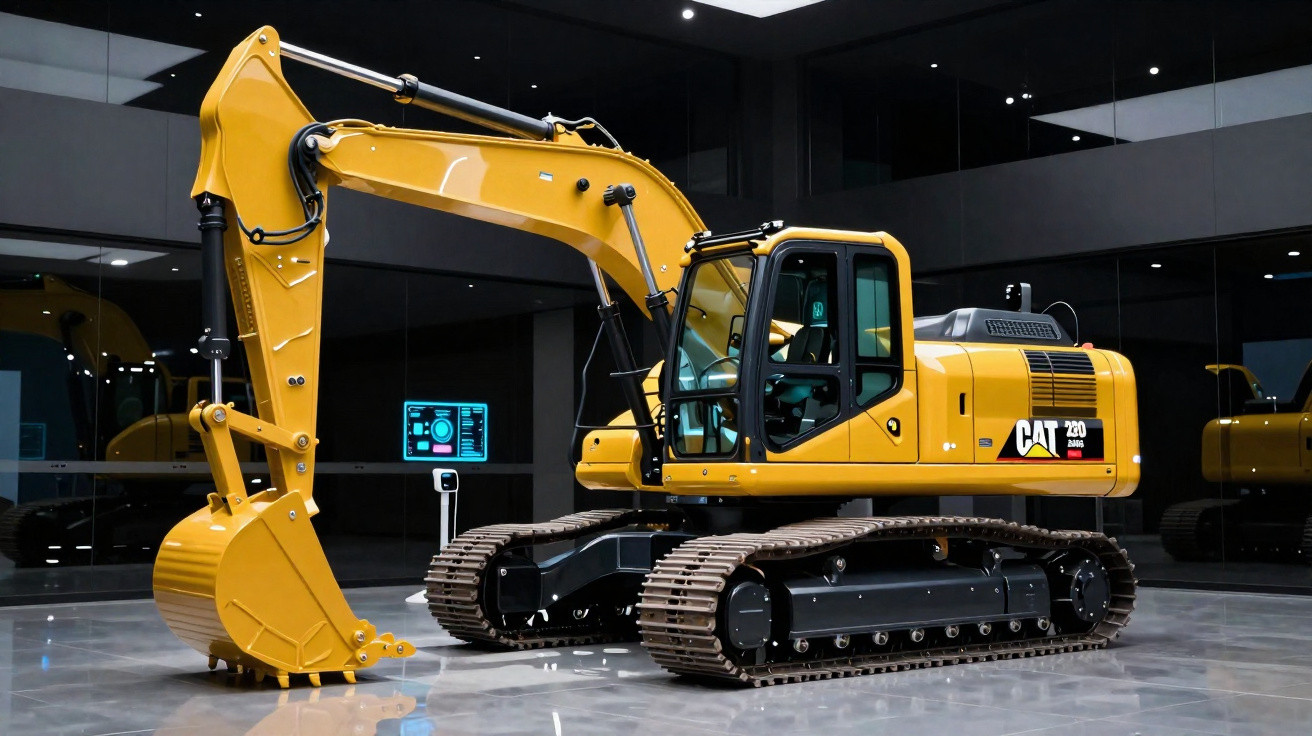 Escavadeira amarela CAT 320 em ambiente interno com piso refletivo e paredes espelhadas.