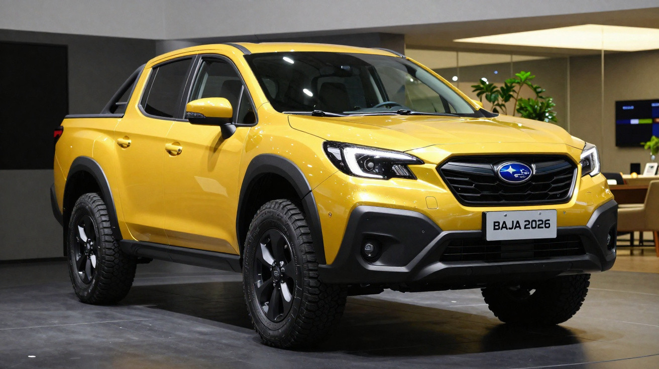 Picape Subaru Baja 2026 amarela estacionada em ambiente interno moderno.