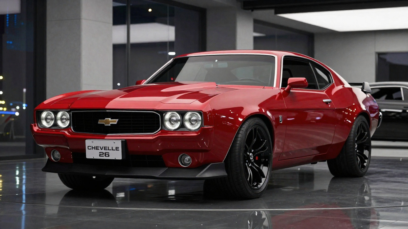 Carro esportivo vermelho Chevrolet Chevelle 26 estacionado em superfície refletiva interna.