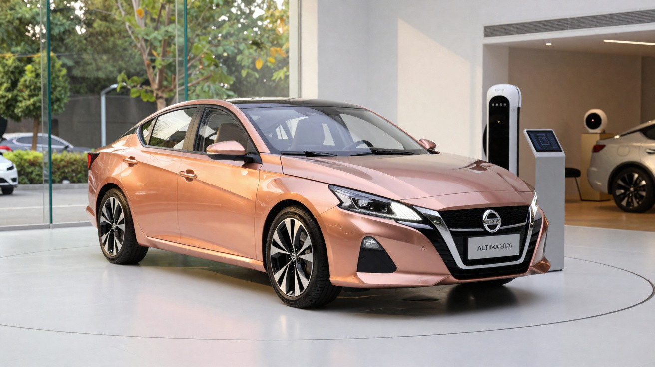 Carro sedan Nissan Altima 2020 cor cobre exibido em showroom moderno com piso branco e carro ao fundo.