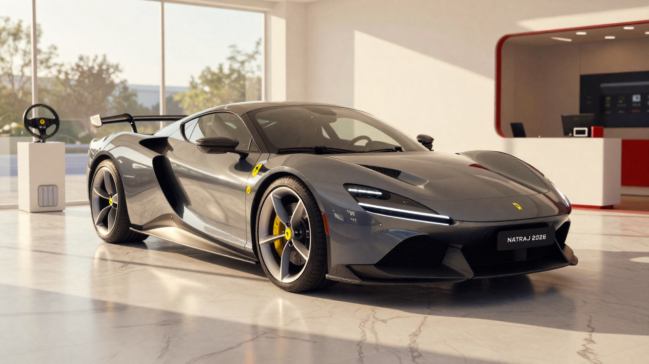 Carro esportivo cinza Ferrari Natraj 2026 em showroom moderno com piso claro e iluminação natural.