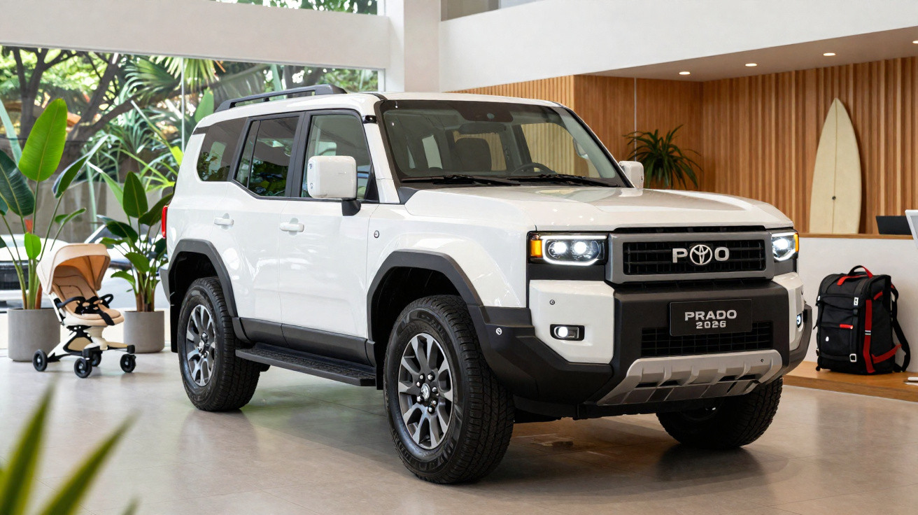 Carro SUV branco modelo Prado 2026 estacionado dentro de showroom moderno com plantas e decoração.