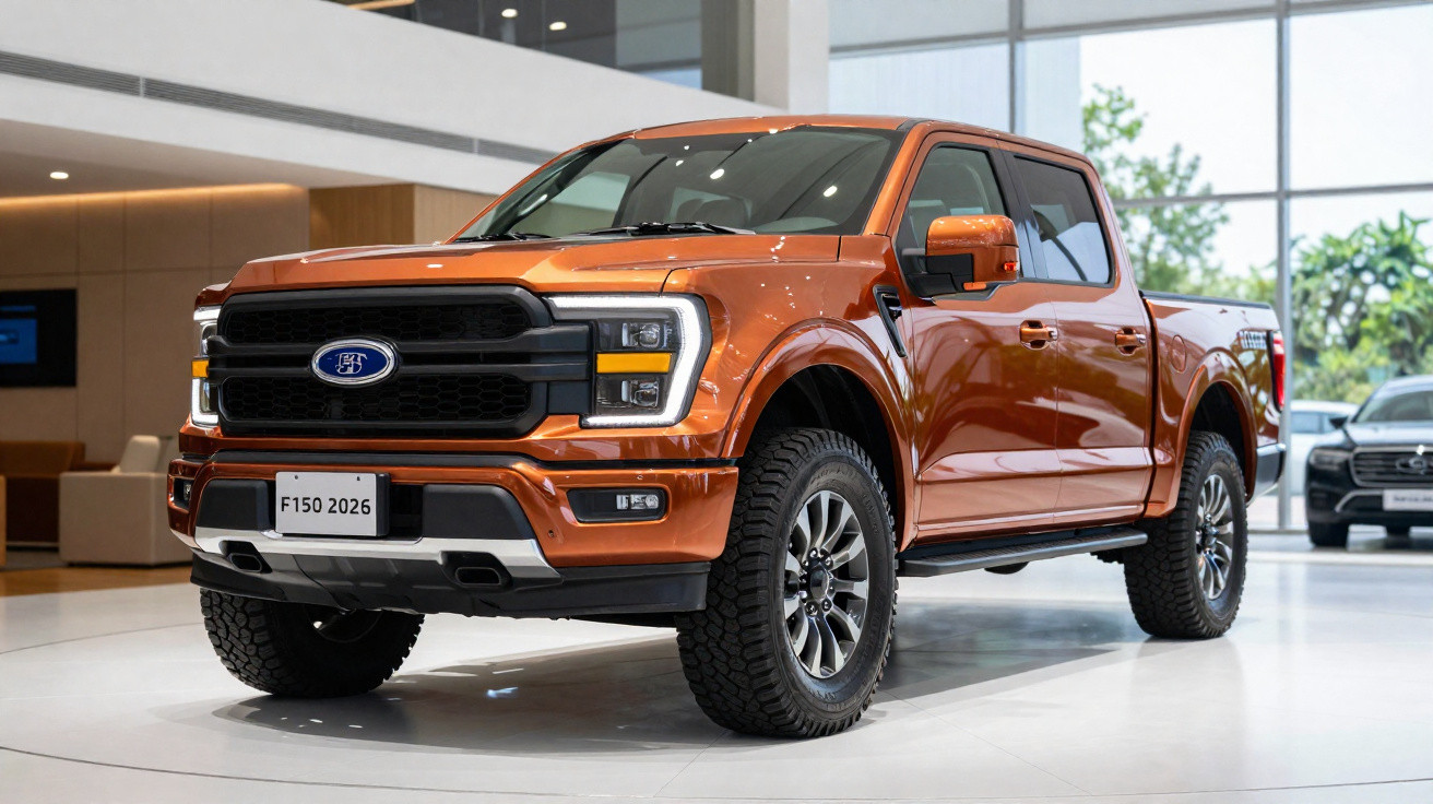 Picape Ford F-150 2026 na cor laranja exibida em um showroom moderno e iluminado.