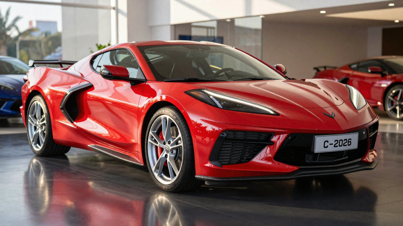Carro esportivo vermelho Chevrolet Corvette C8 exibido em showroom com iluminação natural.