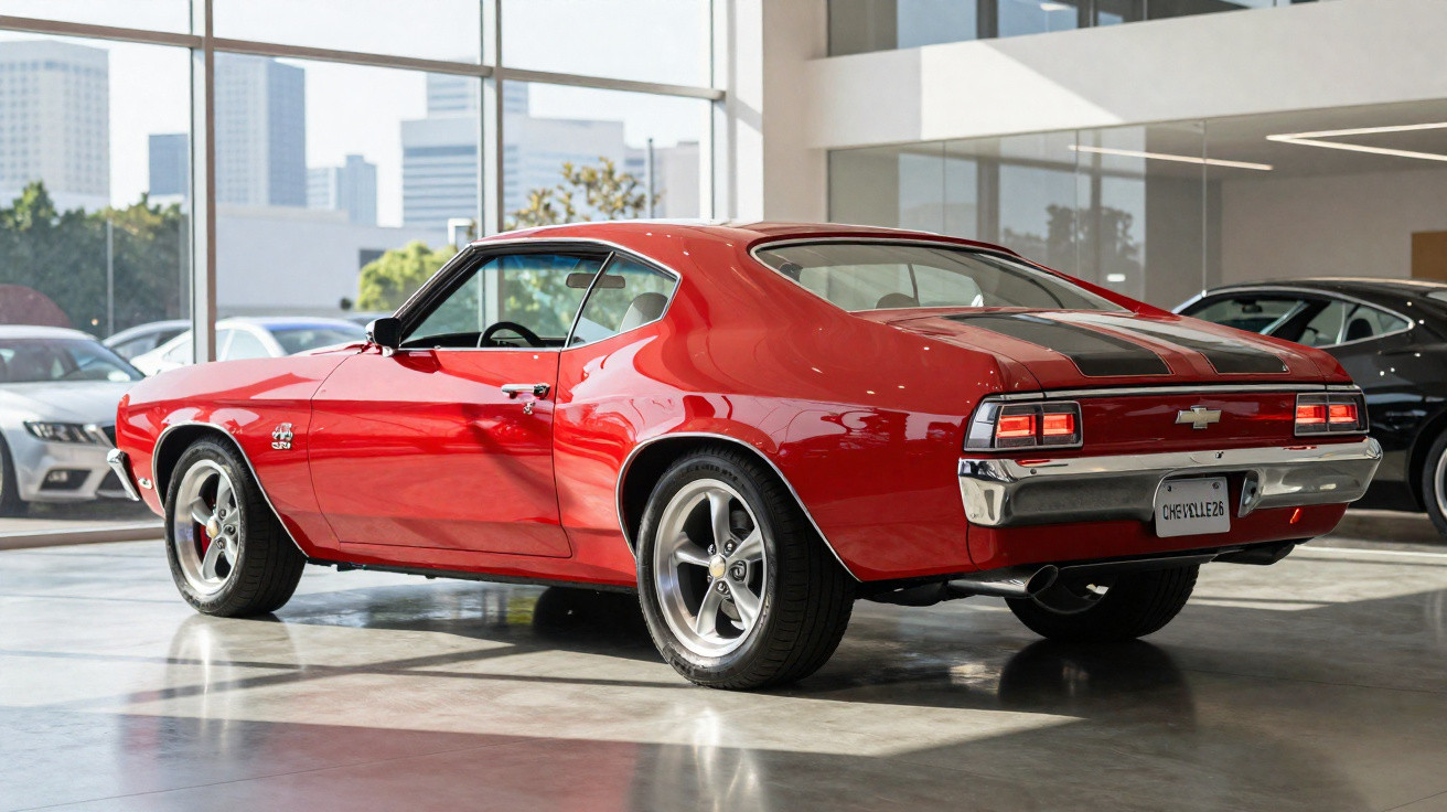 Carro esportivo clássico Chevrolet Chevelle SS 396 vermelho exibido em showroom com grandes janelas.