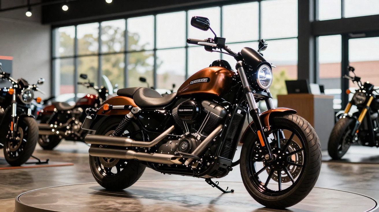 Motocicleta Harley-Davidson preta e cobre exposta em showroom moderno com janelas grandes.
