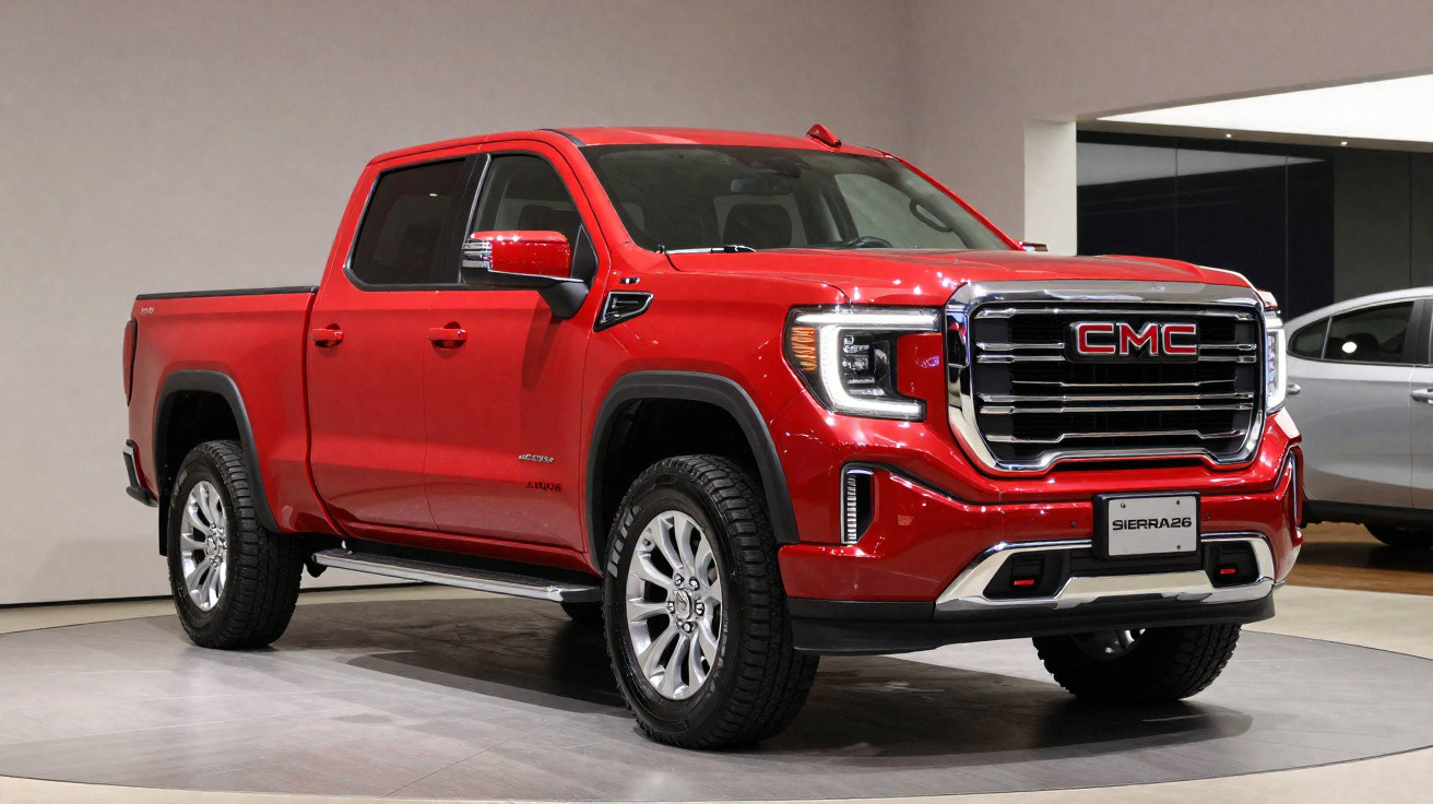 Picape vermelha GMC Sierra 2024 exibida em salão de automóveis com detalhes cromados e rodas grandes.