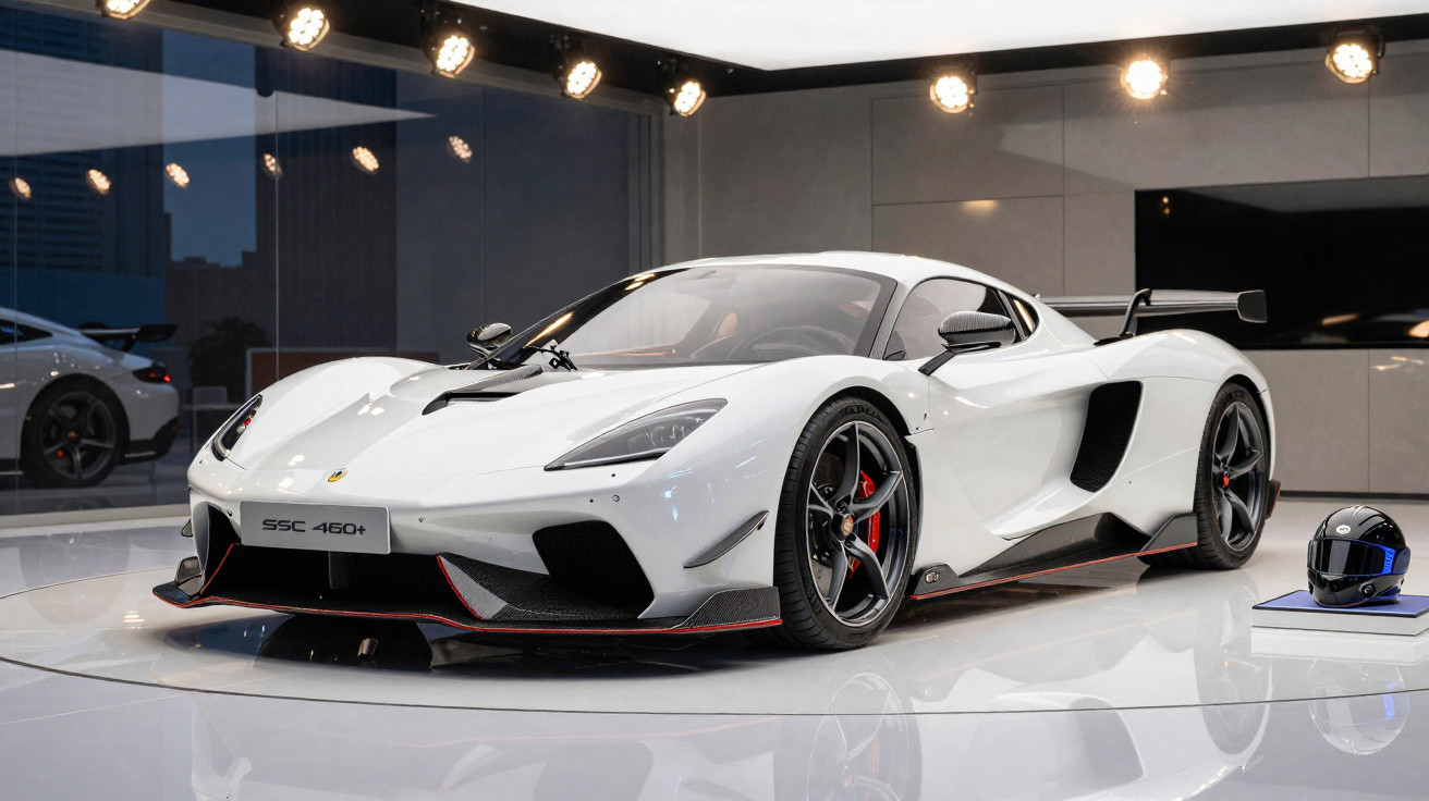 Carro esportivo branco SSC 460+ exibido em showroom moderno com capacete preto ao lado.