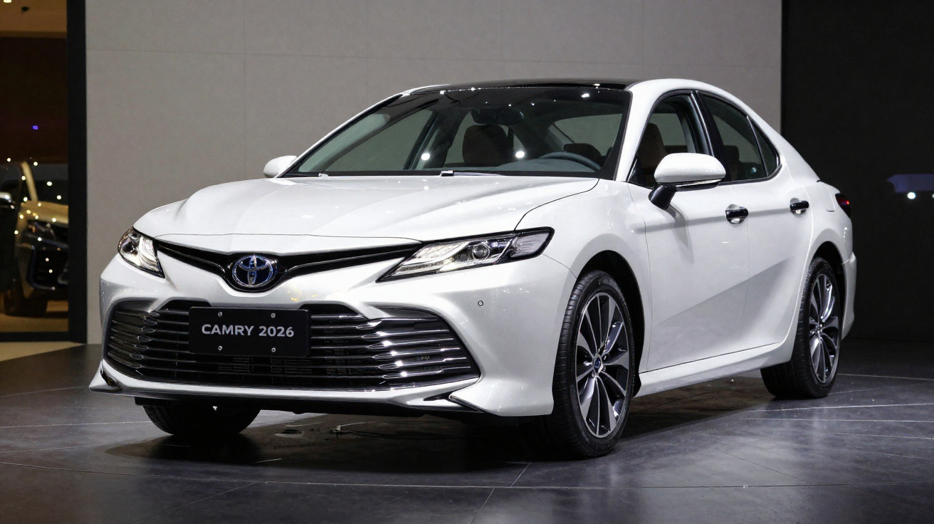 Carro Toyota Camry 2026 branco exibido em destaque em ambiente interno com iluminação uniforme.