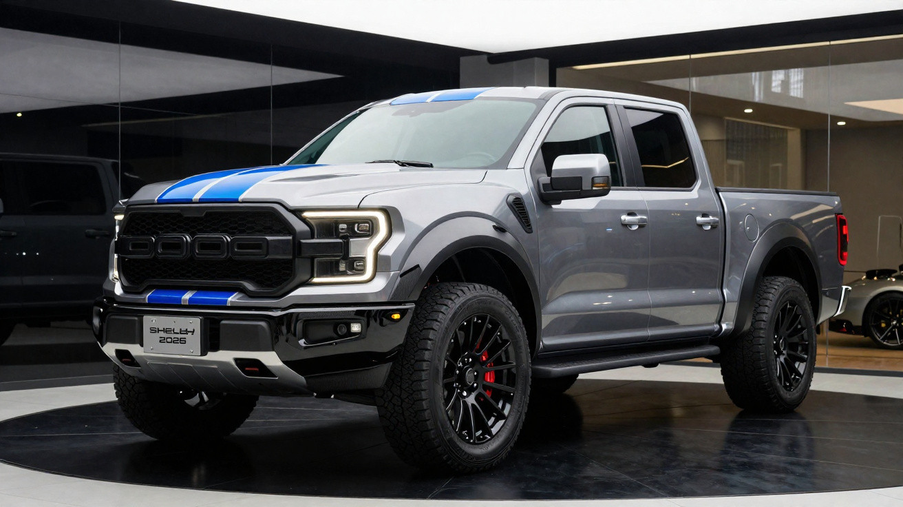 Picape Shelby 2026 cinza com faixas azuis exposta em ambiente moderno e iluminado.