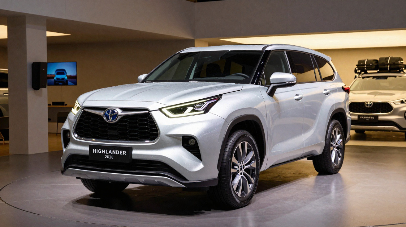 SUV Toyota Highlander prata 2026 exibido em showroom moderno com iluminação interna suave.