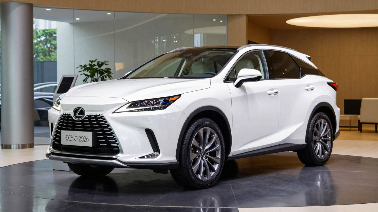 Carro SUV Lexus RX350 2026 branco em exposição interna em piso preto brilhante.