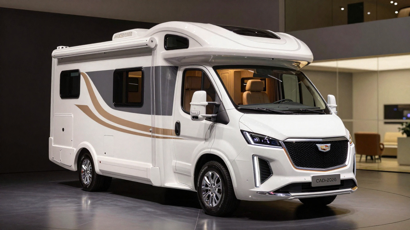 Motorhome branco com detalhes dourados estacionado em ambiente interno moderno e iluminado.