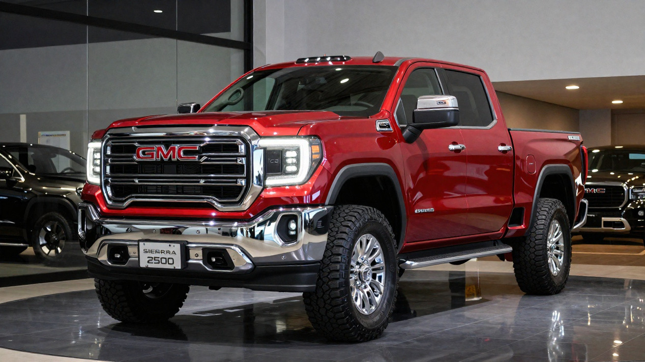 Picape vermelha GMC Sierra 2500 em destaque em showroom moderno e iluminado.
