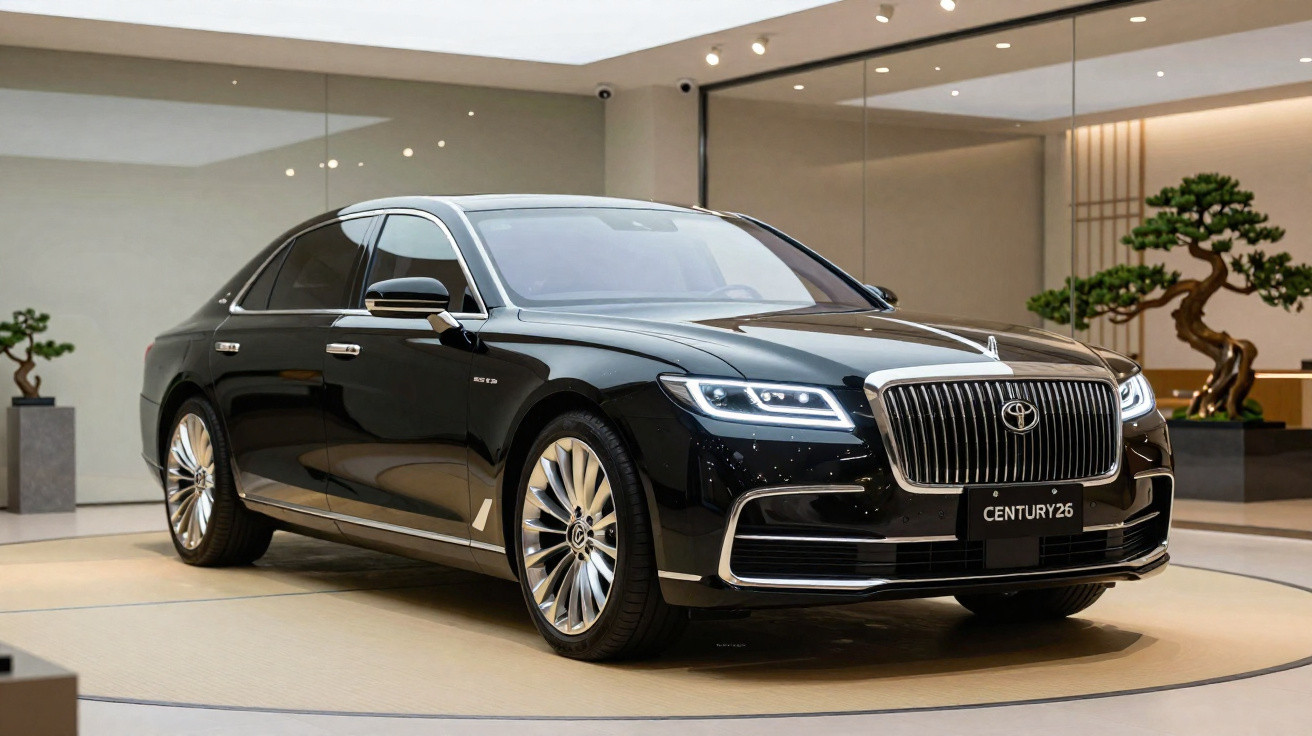 Carro executivo preto Toyota Century 2026 em salão moderno com plantas ao fundo.