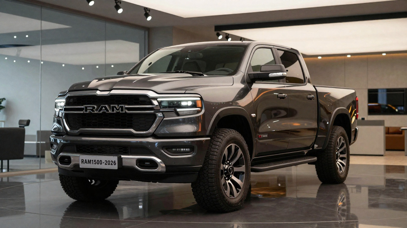 Picape preta RAM 1500 2026 exibida em showroom moderno e iluminado.