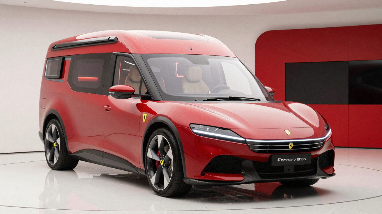 Furgão esportivo vermelho Ferrari com design moderno em ambiente interno branco e vermelho.