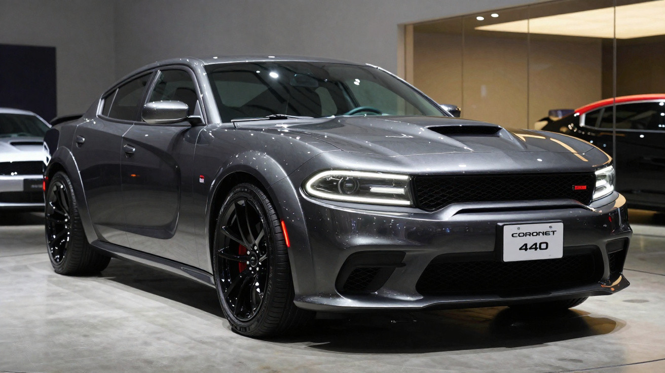 Carro esportivo cinza metálico Dodge Coronet 440 em exposição interna com rodas pretas e linhas aerodinâmicas robustas.