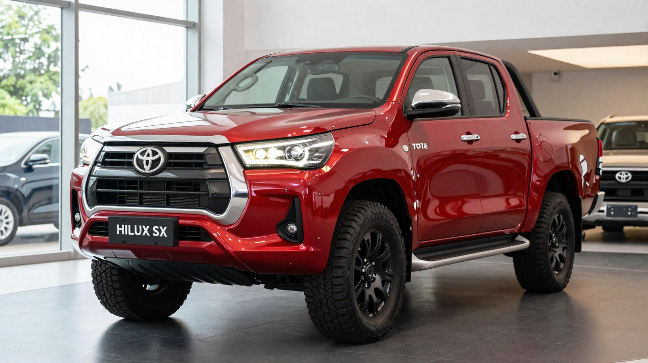Picape Toyota Hilux SX vermelha estacionada em showroom com rodas pretas e faróis acesos.