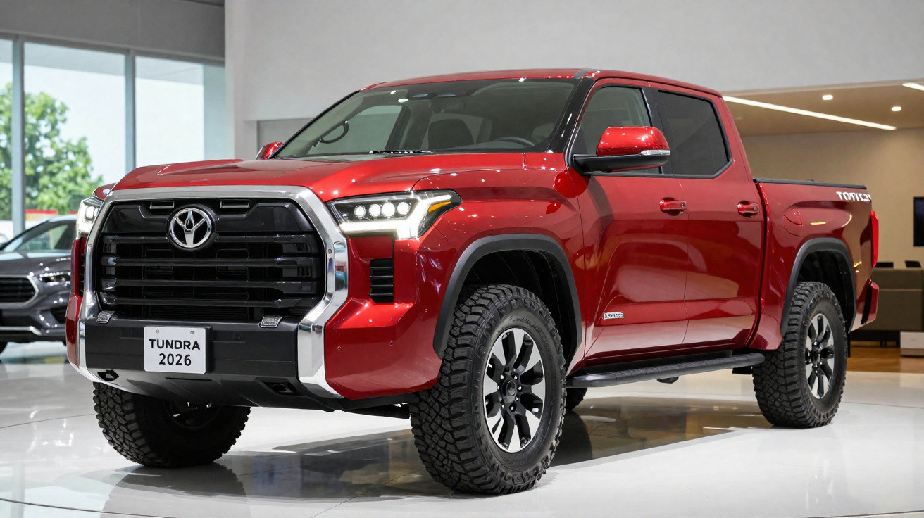 Picape Toyota Tundra 2026 vermelha exposta em showroom moderno, vista frontal direita.