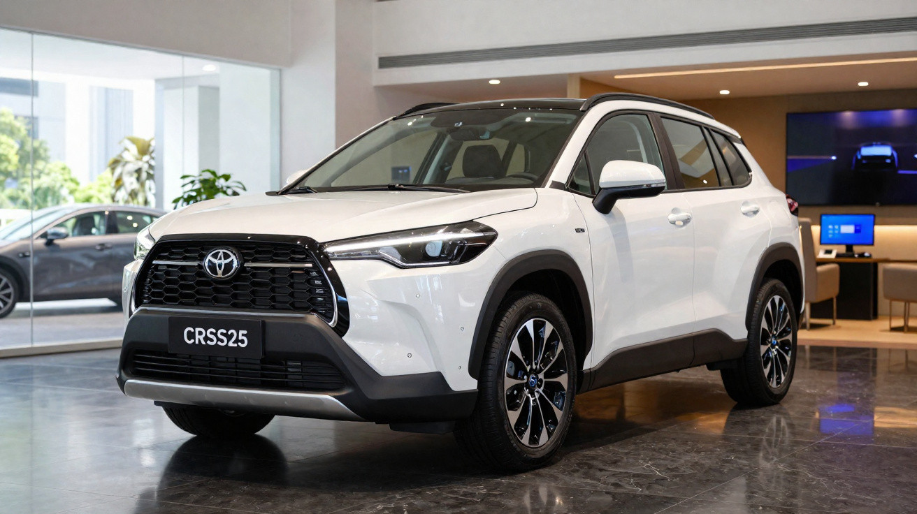 Carro SUV branco Toyota Corolla Cross CRSS25 em showroom com teto preto e rodas pretas e prata.