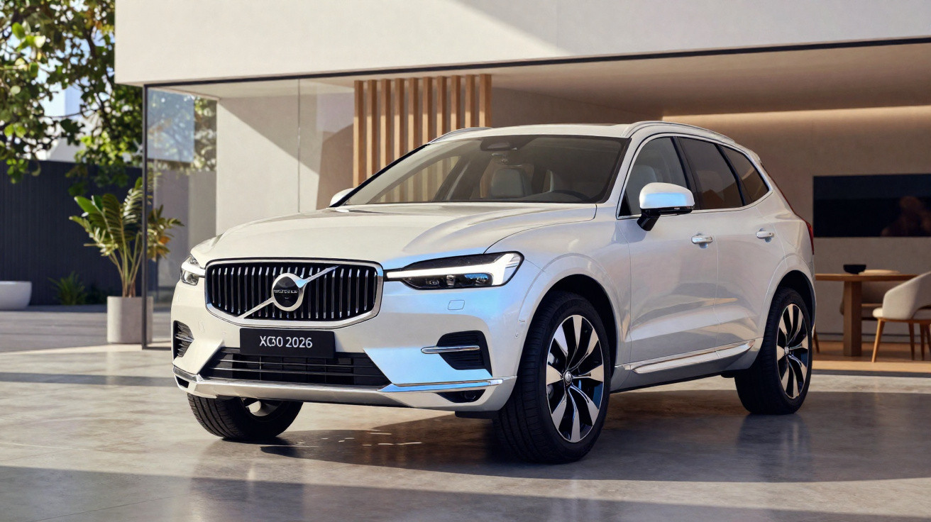 SUV Volvo XC60 branco estacionado em garagem moderna com móveis claros e plantas ao fundo.