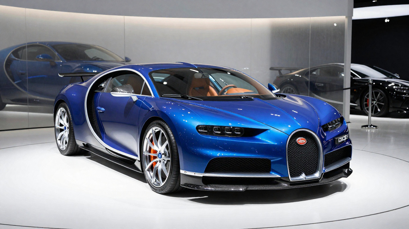 Carro esportivo Bugatti azul exposto em salão, com interior marrom e rodas prateadas.