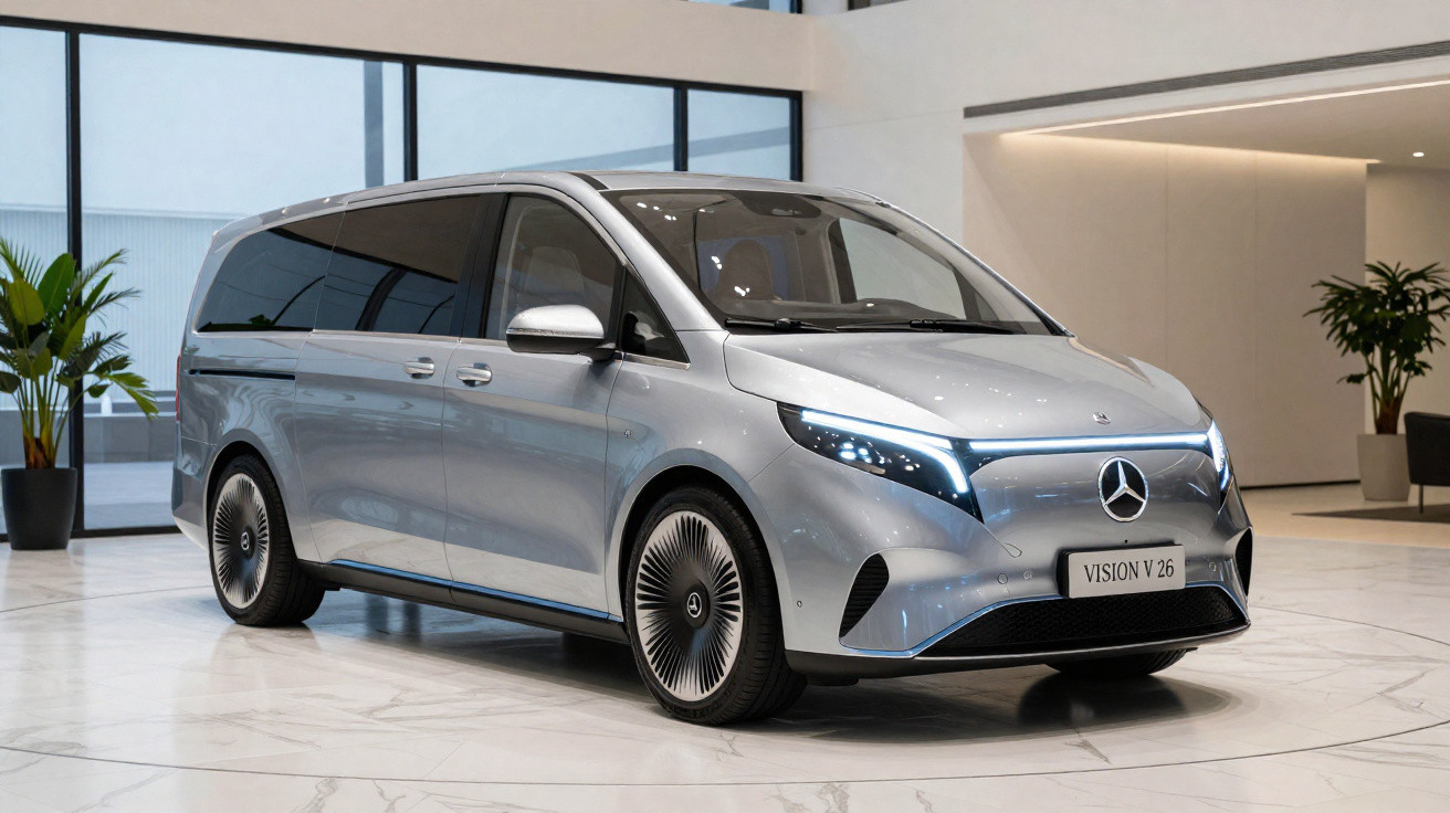 Van elétrica Mercedes-Benz Vision V 26 prata em ambiente interno moderno com plantas decorativas.