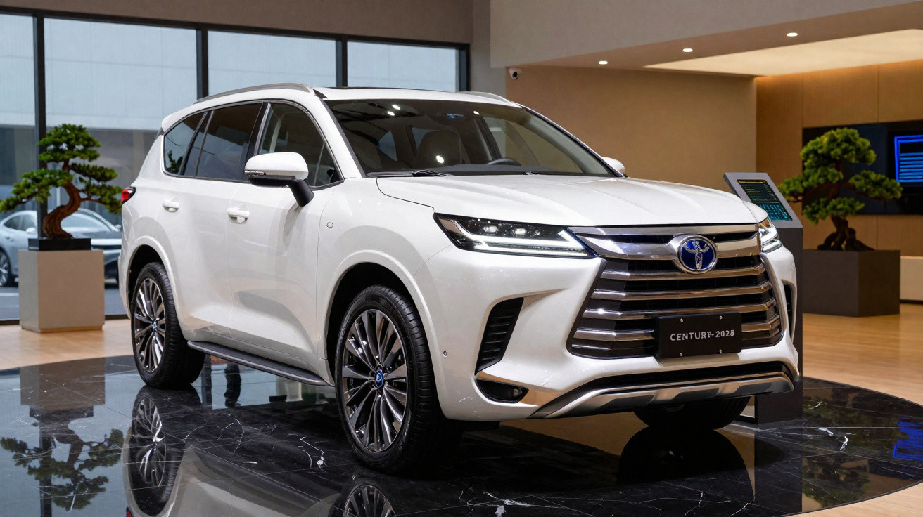 SUV branco Toyota Century 2023 exibido em showroom elegante com piso espelhado e iluminação suave.