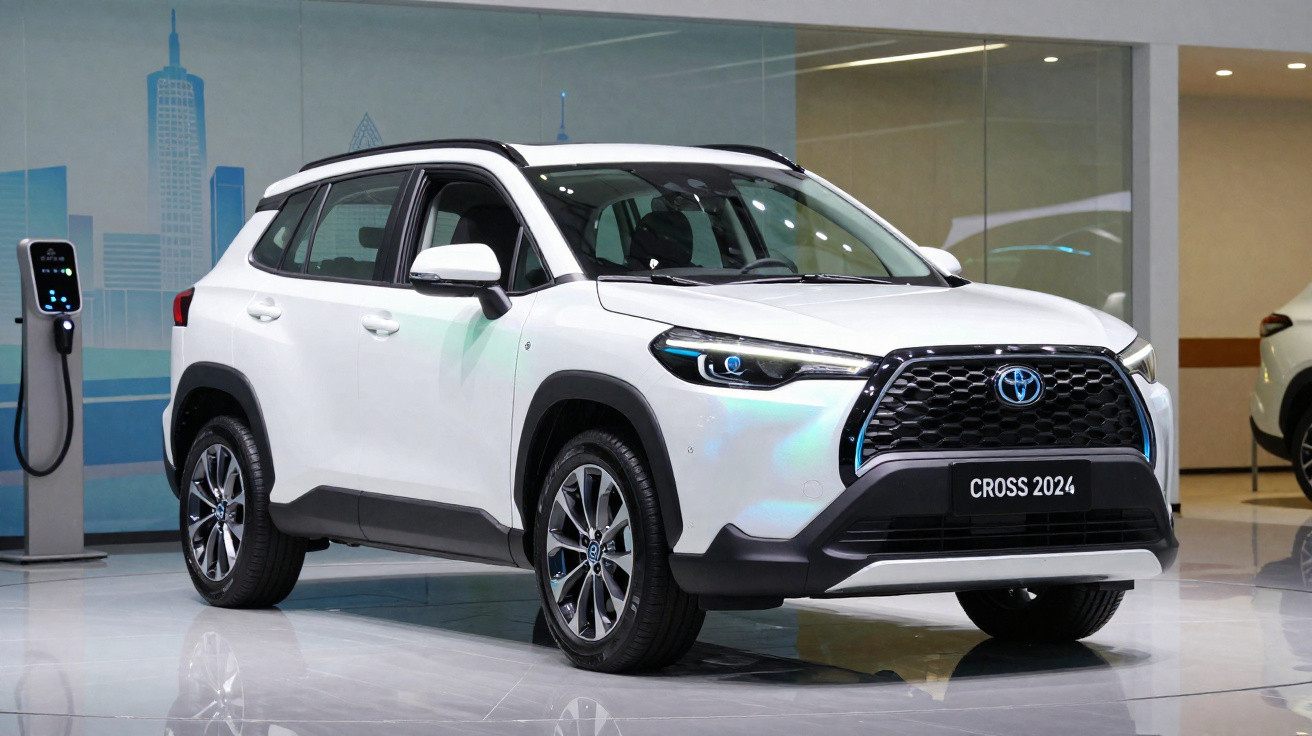 Carro SUV branco Toyota Cross 2024 estacionado em showroom moderno com estação de carregamento ao lado.