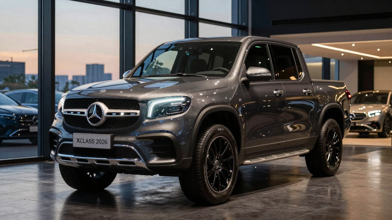 Picape Mercedes-Benz XClass 2026 cinza em showroom moderno com iluminação natural ao entardecer.