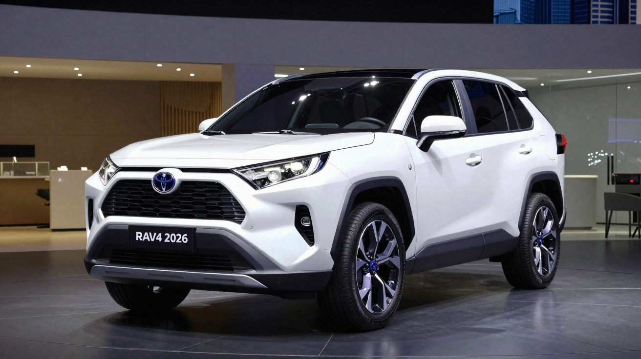 SUV branco Toyota RAV4 2026 em exposição interna com design moderno e faróis afilados.