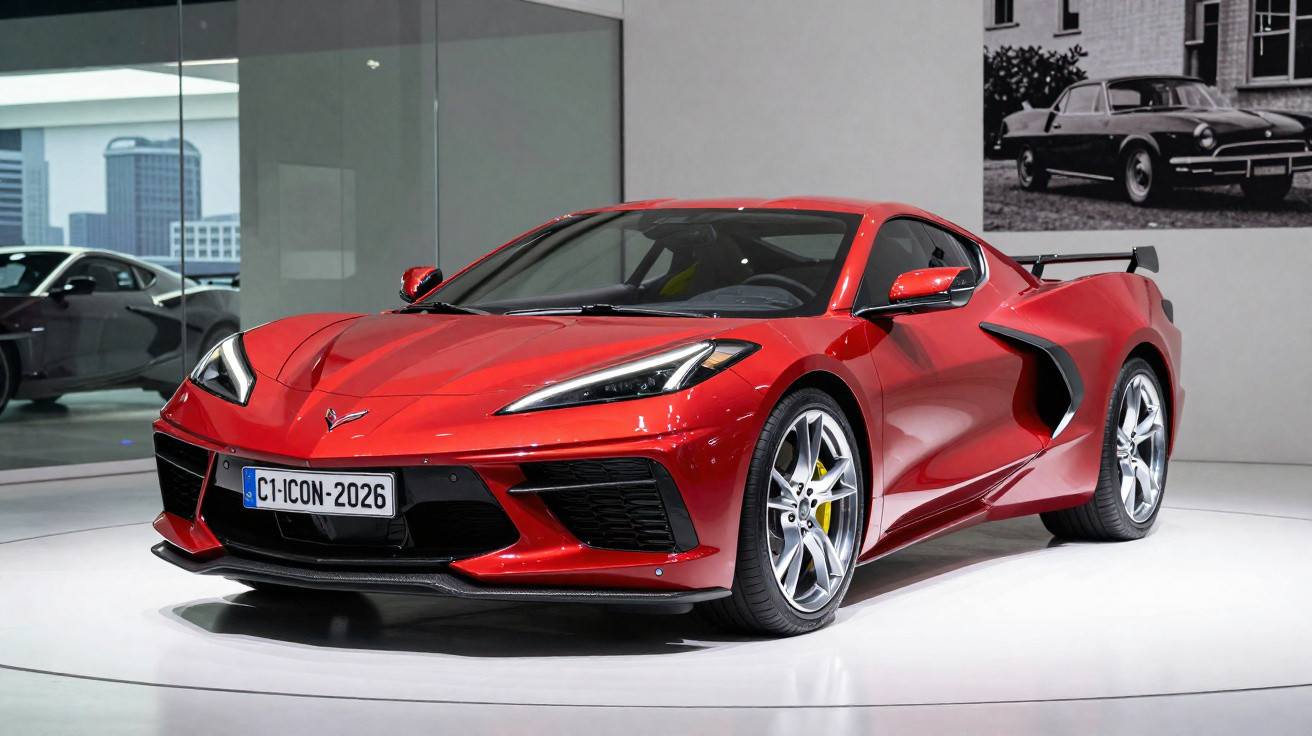 Carro esportivo vermelho com design moderno exposto em salão automotivo.