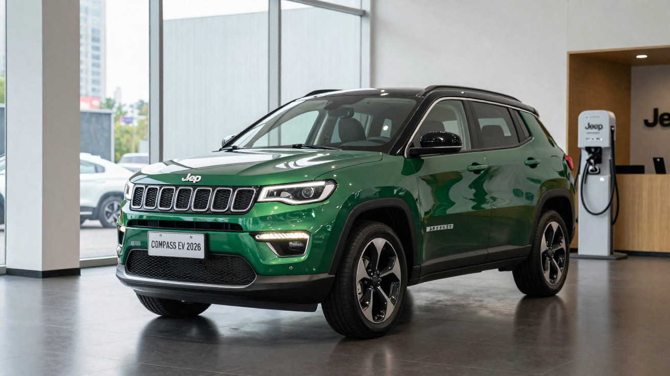 SUV Jeep Compass EV 2026 verde em exposição dentro de concessionária com estação de carregamento.