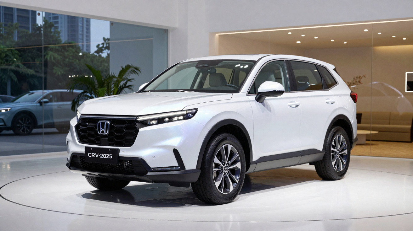 Carro SUV branco Honda CR-V 2025 exibido em estande moderno com piso branco e iluminação amarela.