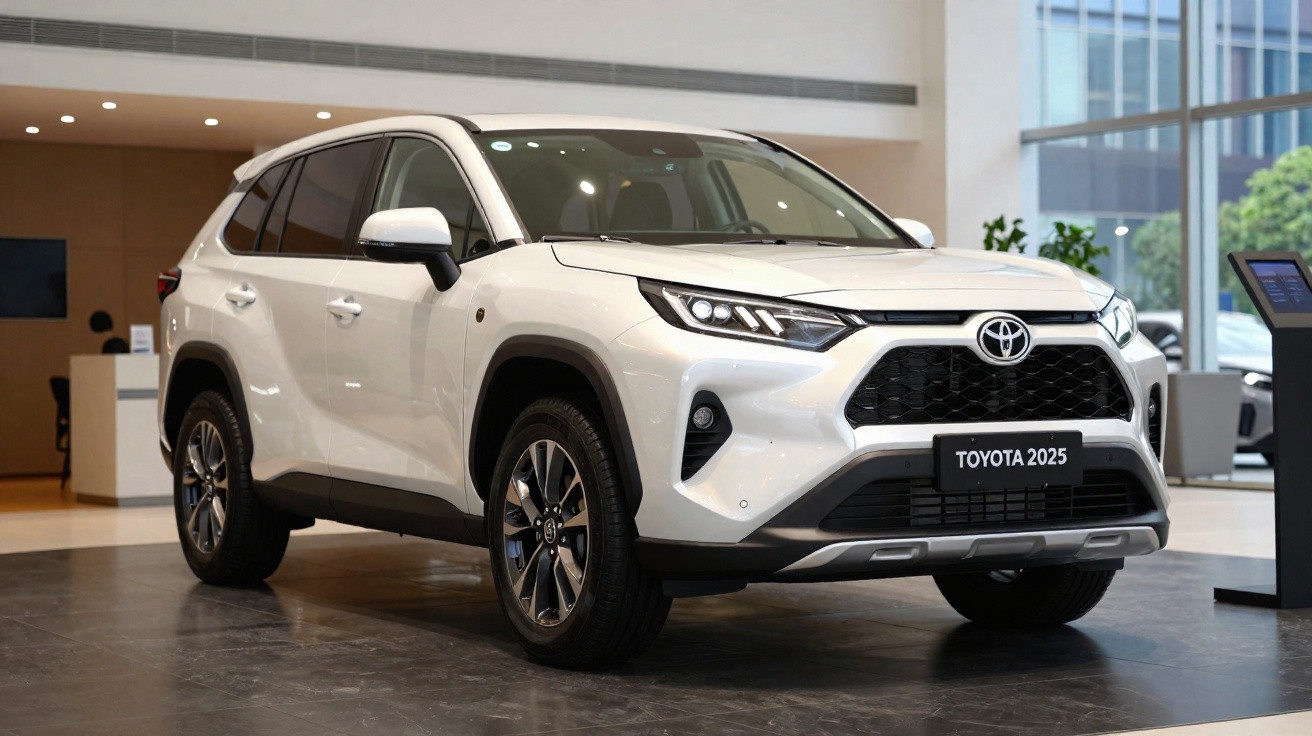 Carro SUV branco da Toyota modelo 2025 exibido em showroom moderno com piso escuro.