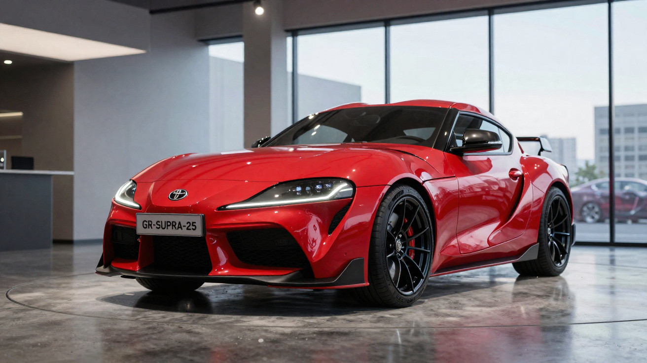 Carro esportivo Toyota GR Supra vermelho exibido em ambiente interno moderno com piso de concreto polishado.