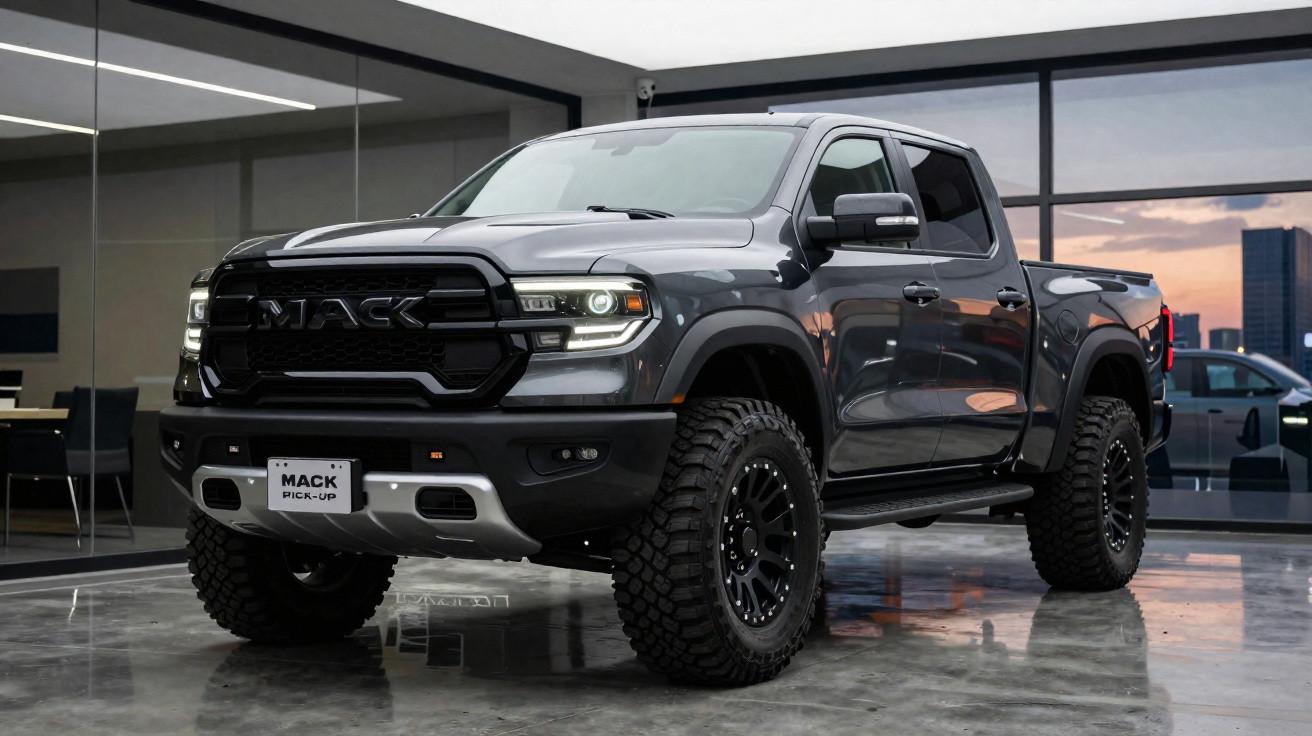 Picape preta Mack com pneus off-road exposta em showroom moderno com vidro ao fundo.