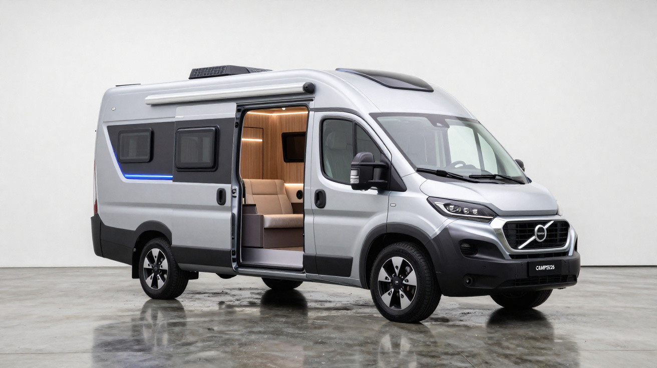Motorhome Volvo cinza com porta lateral aberta mostrando interior iluminado e poltronas bege.