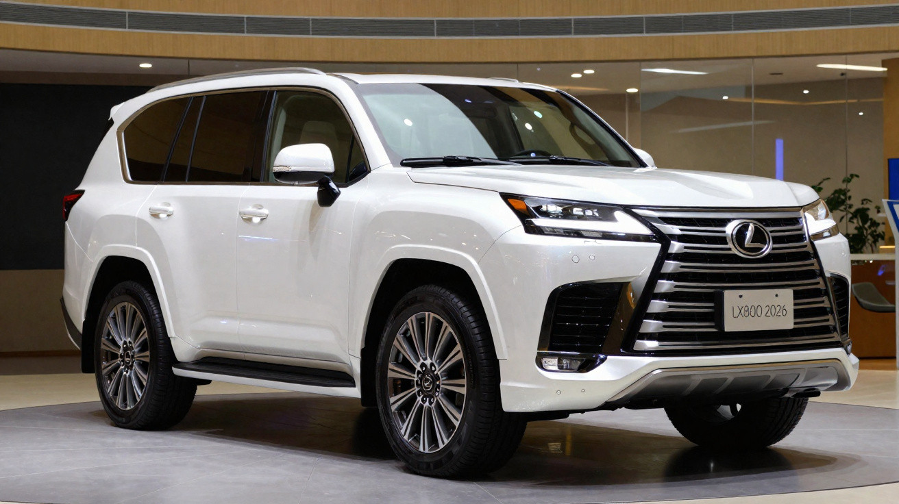 SUV Lexus LX 800 branco 2026 exibido em showroom moderno e bem iluminado.
