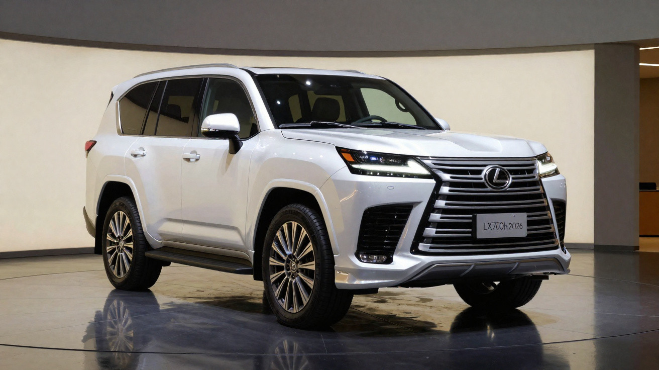 SUV branco Lexus LX 770h 2026 em exposição com iluminação suave e piso refletivo.