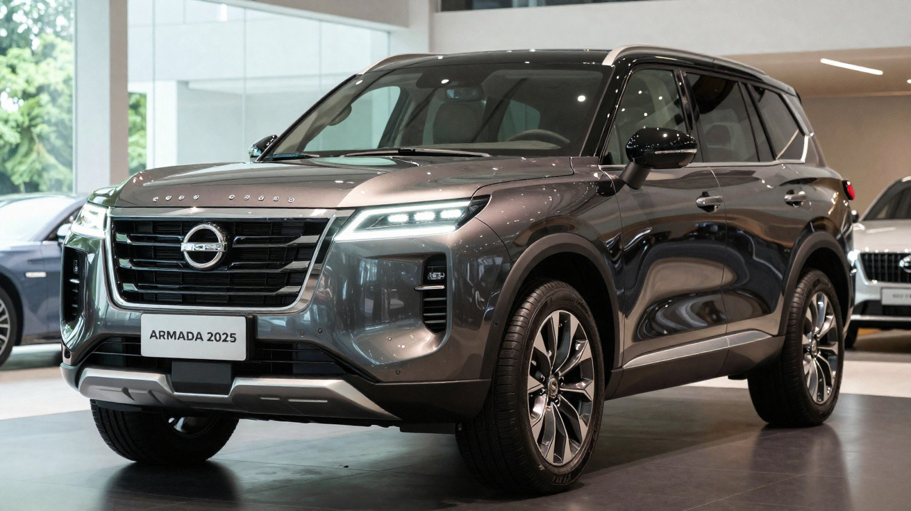 SUV cinza escuro Nissan Armada 2025 exibido em showroom moderno com teto de vidro e iluminação natural.