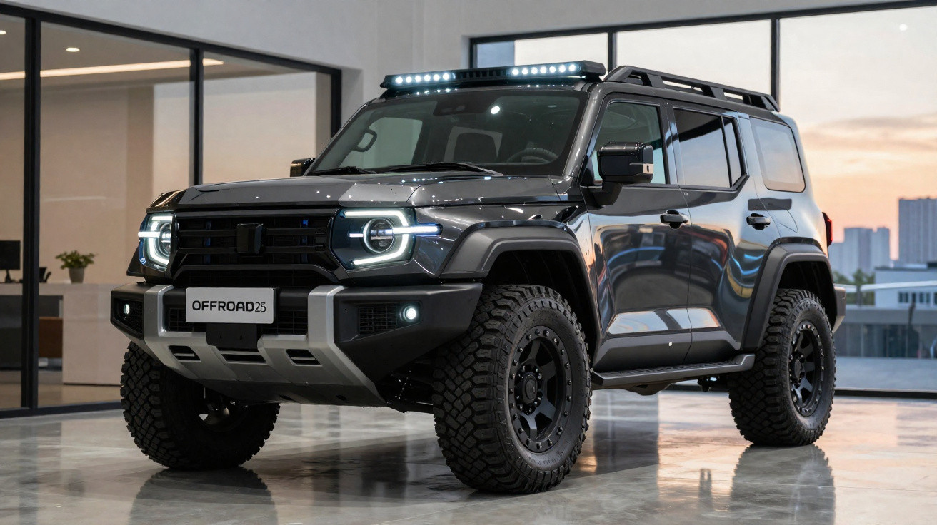 Carro SUV Off Road 25 cinza com pneus grandes e faróis LED, em ambiente interno moderno.