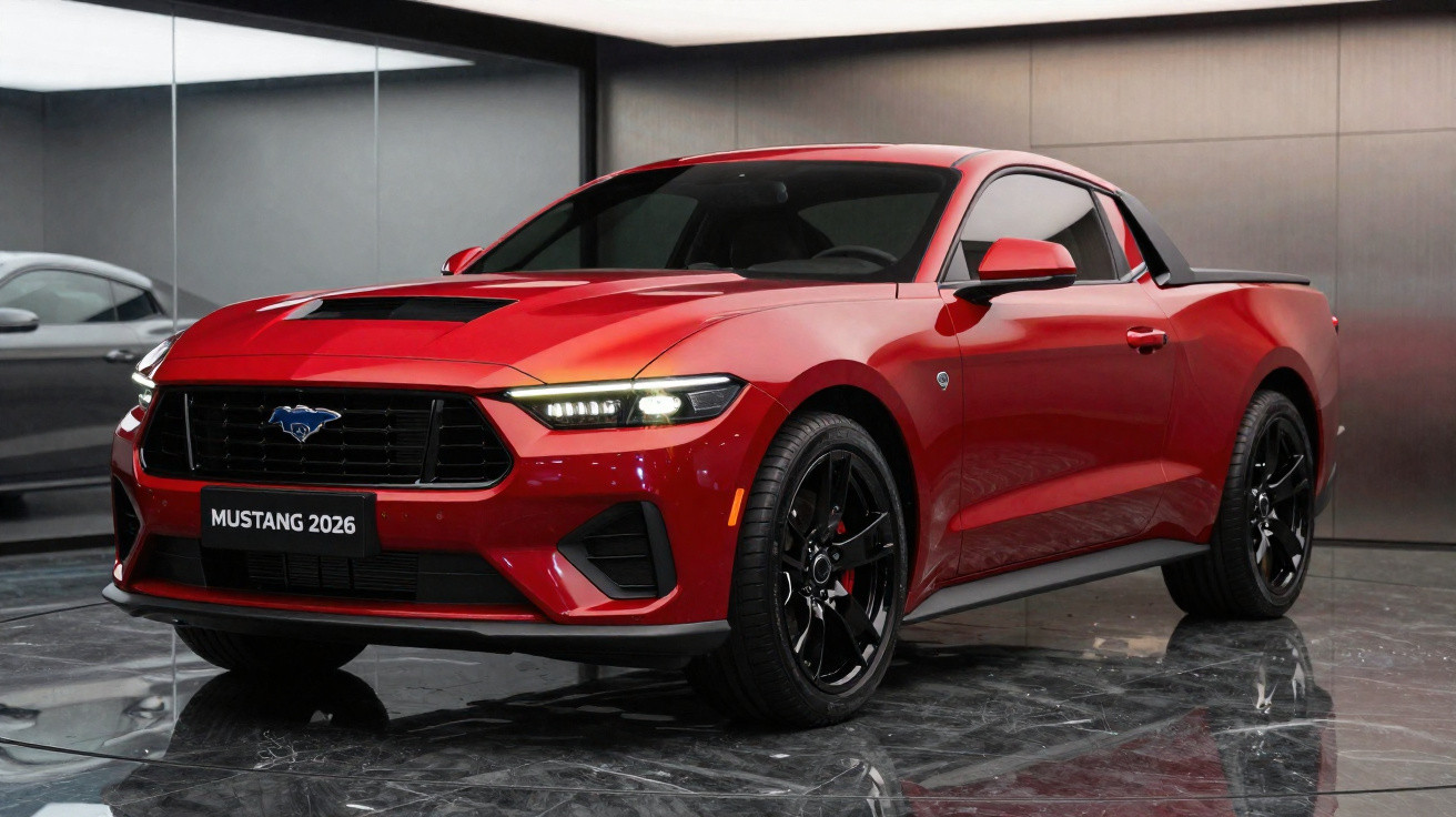Carro esportivo vermelho Ford Mustang 2026 com rodas pretas em ambiente interno moderno.