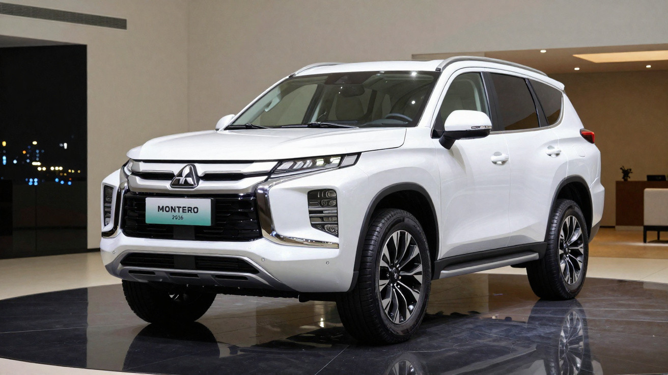 Carro SUV branco Mitsubishi Montero 2024 em exposição interna, destaque para design frontal moderno.
