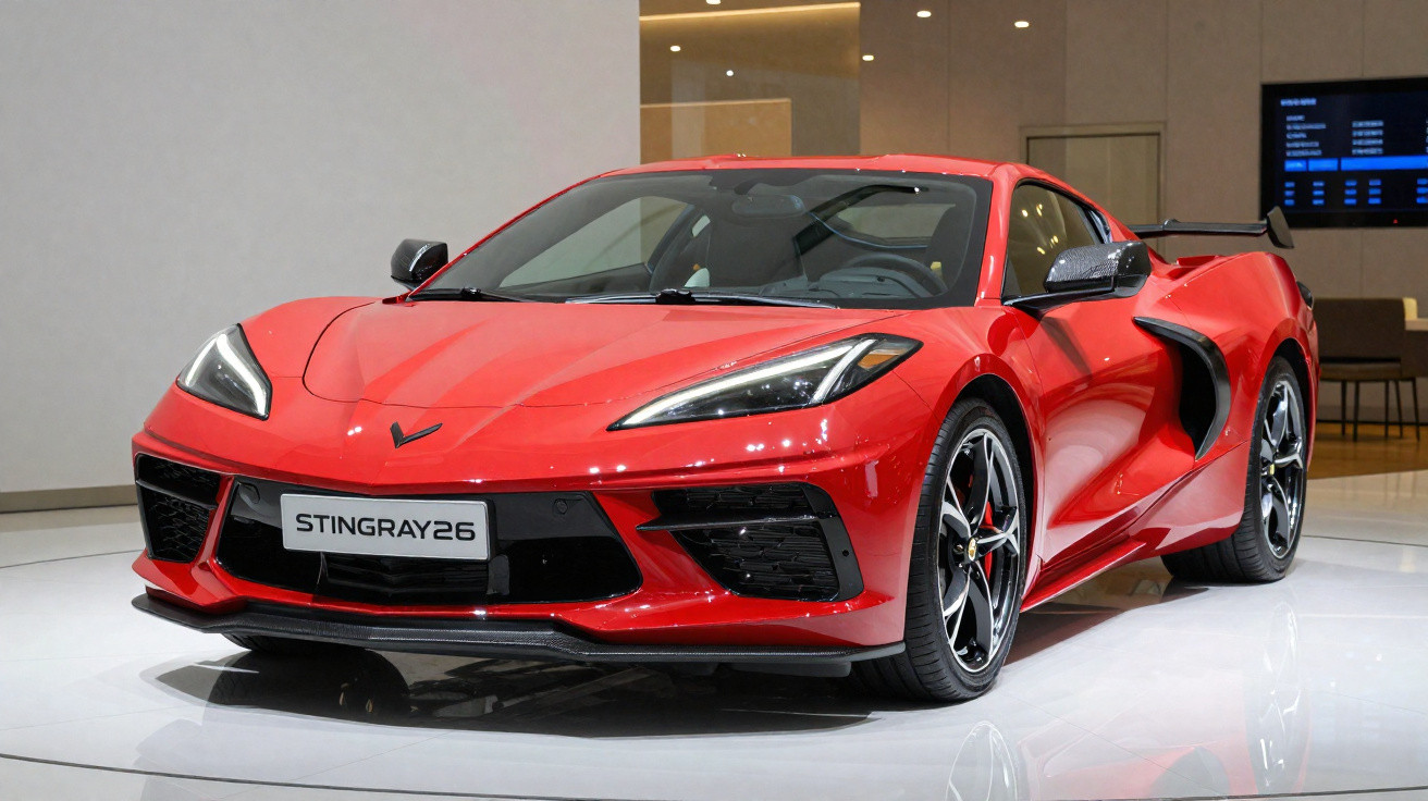 Carro esportivo vermelho Chevrolet Corvette Stingray26 exibido em ambiente interno moderno.