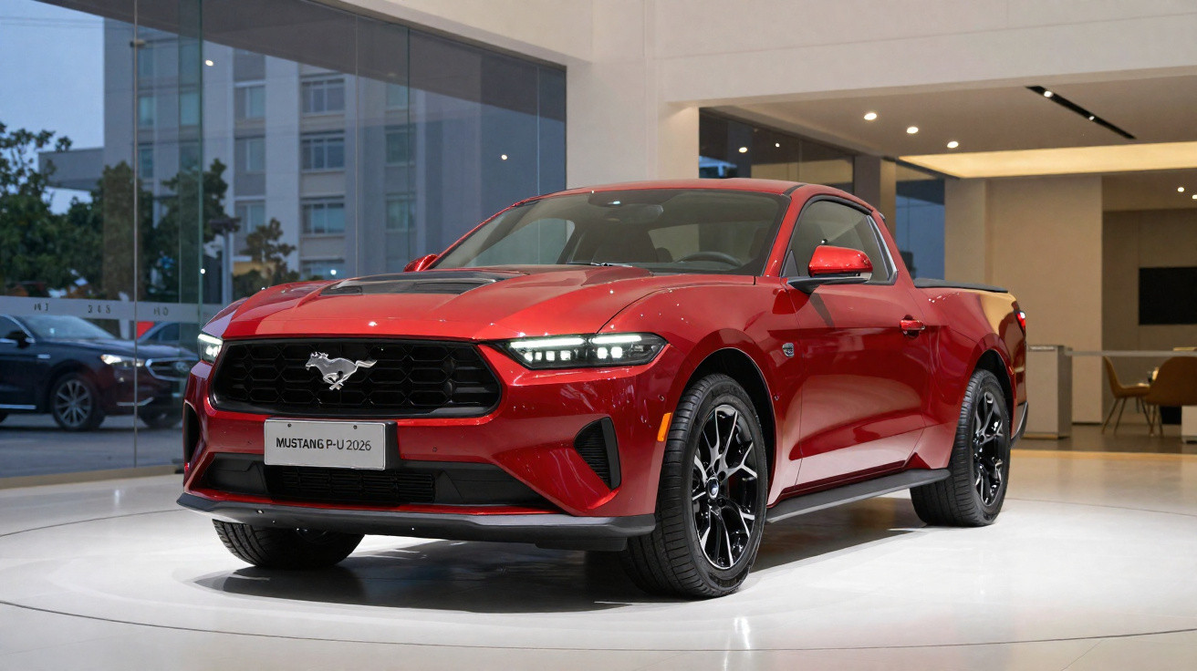 Picape Ford Mustang Mach-E 2025 vermelha exibida em showroom moderno e iluminado.